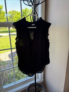 DKNY Black Ruffled Cap Sleeve Blouse